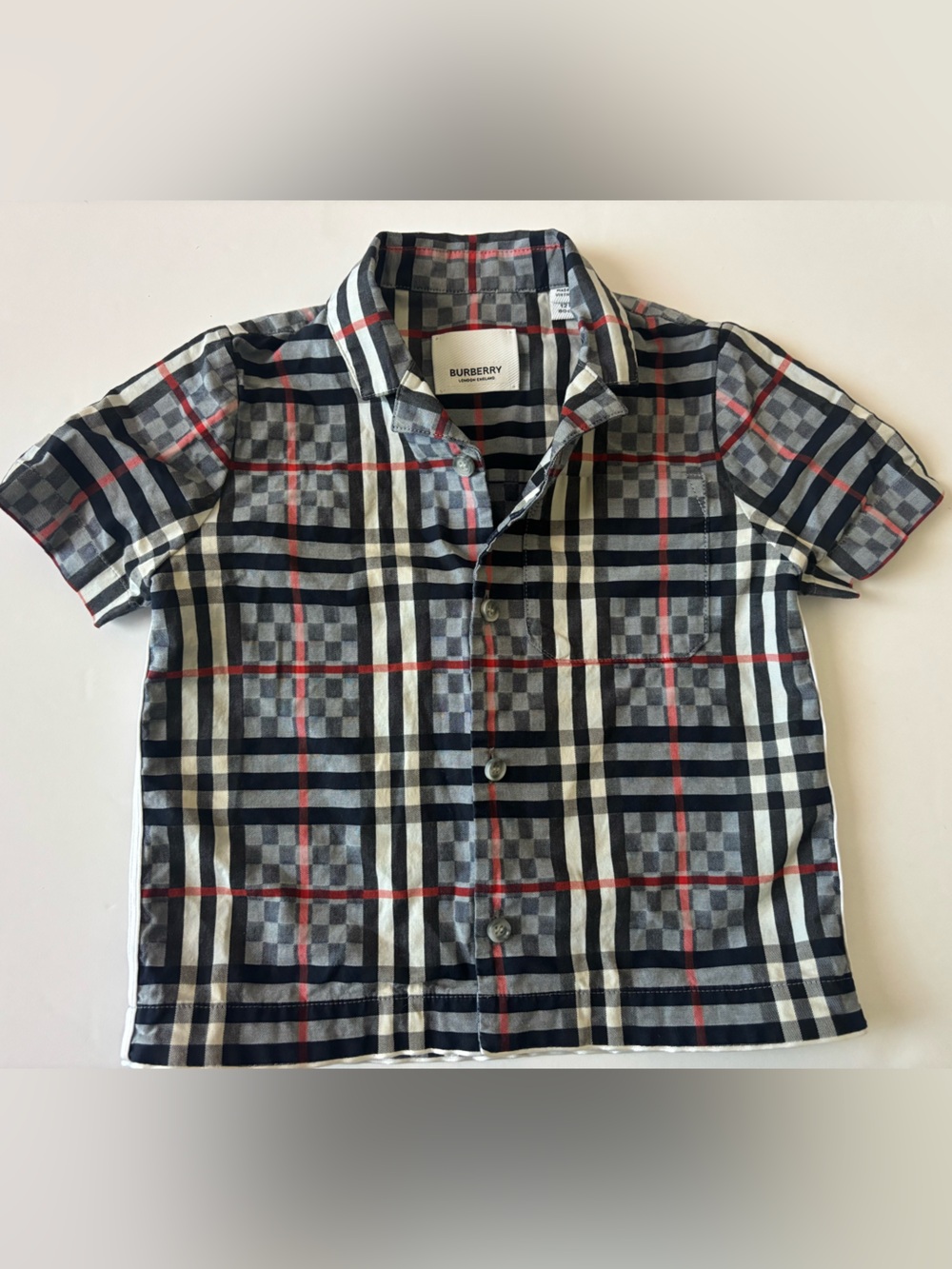 Burberry Plaid Short-Sleeve Button-Down Shirt - Black Gray Red Cream